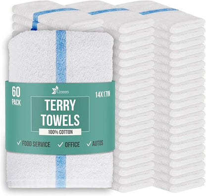 GREEN LIFESTYLE Blue Striped Terry Towels, White Rags, Bar Towels, 100% Cotton Absorbent and Durable, Multipurpose Cleaning Rags, Cotton Cleaning Rags, Kitchen Rags (14”x17”, Pack of 60)