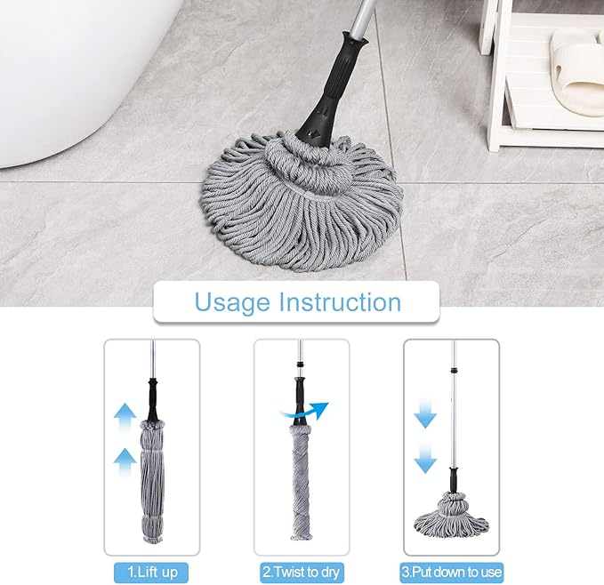Eyliden Mop with 2 Reusable Microfiber Heads, Easy Wringing Twist Mop, 57.5 inch Long Handle, Wet Mops for Floor Cleaning, Commercial Household Clean Hardwood, Vinyl, Tile and More (Grey)