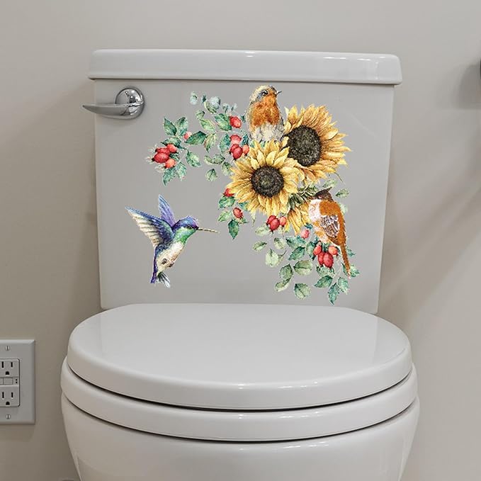 Sunflower Wall Stickers & Murals Bird Wall Decals Peel and Stick Yellow Flower Window Clings Watercolor Hummingbird Art Decor Wall Clings Kitchen Cabinet Decals for Bathroom Toilet Tank Girls Bedroom