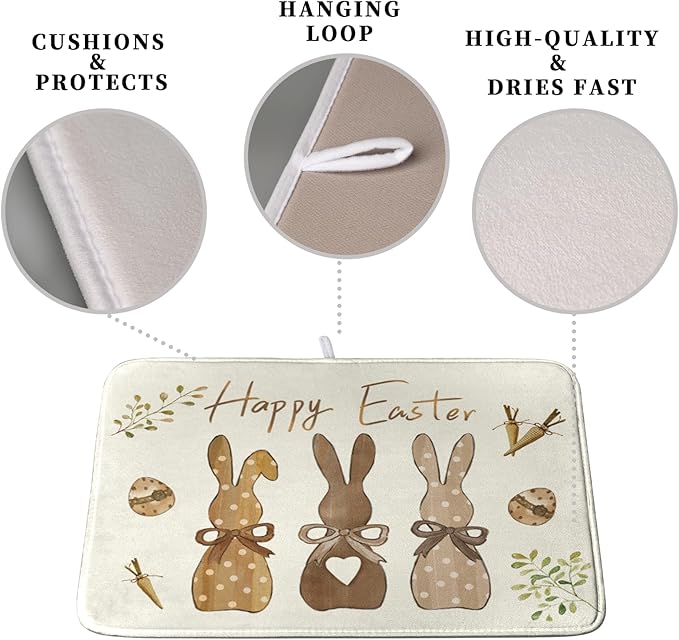 Happy Easter Bunny Dish Drying Mat Rabbits Egg Carrot Dish Pad for Kitchen Counter 18x24 Inch Microfiber Absorbent Spring Bufflao Plaid Dish Draining Mat Reusable Washable Dish Drainer Rack Mat