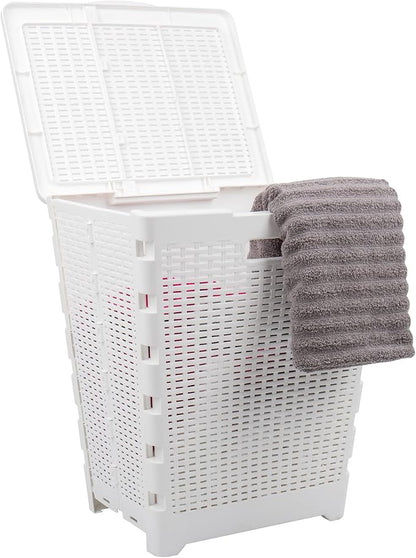 Mind Reader 61L Foldable Laundry Hamper, Clothes Basket, Lid, Wicker Design, Plastic, 18"L x 14.5"W x 21.25"H, White
