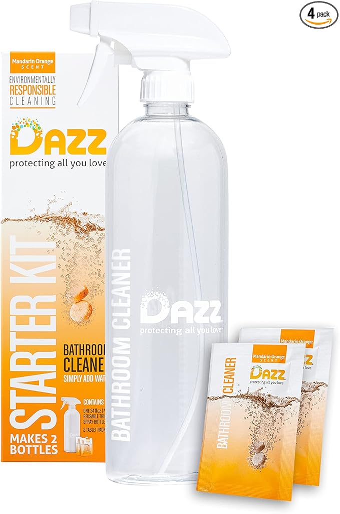Dazz Bathroom Cleaner Starter Kit (1 Reusable Spray Bottle, 2 Refills) Tile, Tub Shower, Countertop and Bathroom Surfaces - All Natural, Eco Friendly, Non Toxic - Safe for Kids & Pets