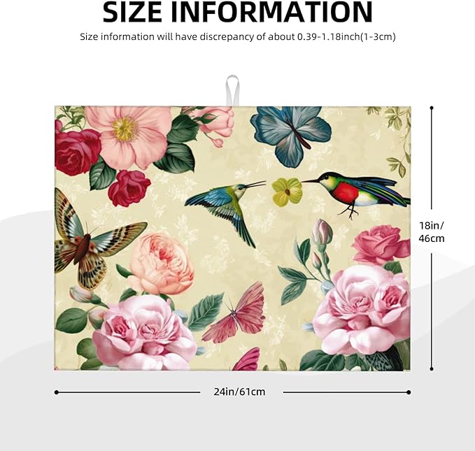 Large Dish Drying Mats For Kitchen Counter Microfiber Kitchen Drying Mat XL Draining Pad Absorbent Quick Drying Dish Mat 18x24 Inch - Birds Floral