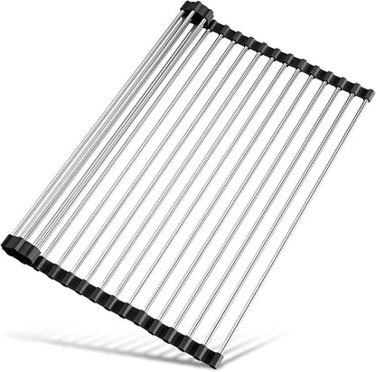 Tomorotec 17.7" x 12.5" Roll Up Dish Drying Rack Over Sink Drying Rack Sink Cover Kitchen Sink Accessories Gadget Multipurpose Organizer Foldable Stainless Steel Drainer