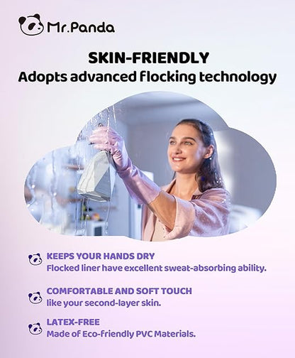 Mr.Panda 2 Pairs Skin-Friendly Flocked Cotton Liner Cleaning Gloves Medium, Reusable Dishwashing Gloves for Washing Dishes, Kitchen, Shimmering Pink