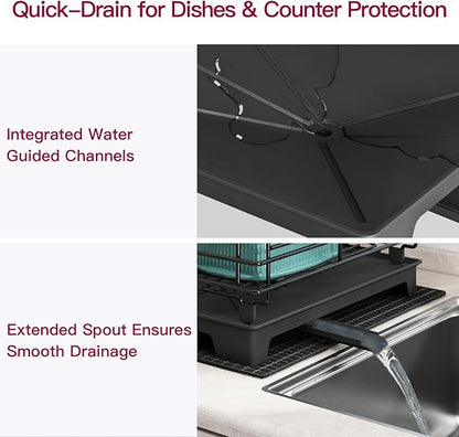 BOOSINY 2 Tier Black Large Stainless Steel Dish Drainers Drying Rack for Kitchen Counter with Drainboard, Rust Proof Metal, Space Saving, Modern Aesthetic, Compact Plates Strainers with Extra Mat