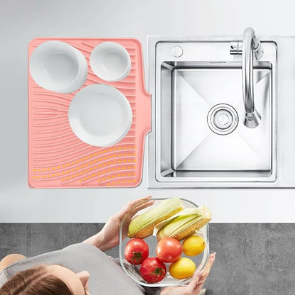TIKNIK Silicone Dish Drying Mat, Stone Drying Mat for Kitchen Counter with Built-In Drain, Non-Slip Drain Pad with Built-in Drain, Heat Resistant Stone Drying Mat, Hangable, Pink-1pcs, 16" x 12"