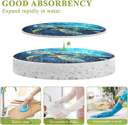 Sea Turtle Kitchen Scrub Sponges, Pop-up Kitchen Cleaning Sponges Reusable Dish Washing Sponges for Bathroom Household Cleaning 3 Pack - Non Scratch Scrubber