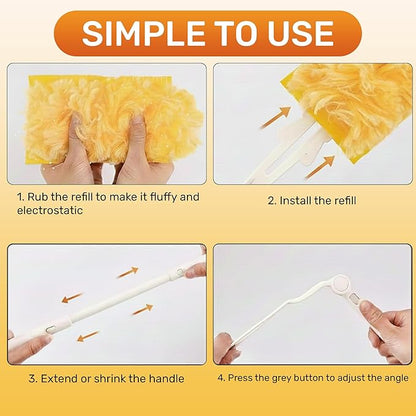 60 Pack Heavy Duty Duster Refills with Extendable 3FT Handle, Multi Surface 360 Disposable Dusters Kit for Cleaning Furniture, Blinds, Ceiling Fan & Electronics
