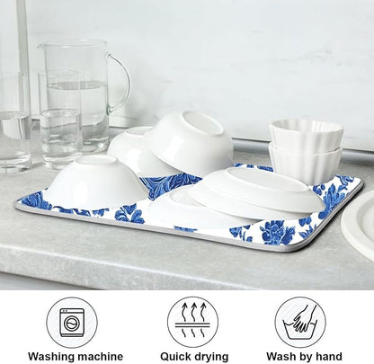 Blue White Porcelain Floral Dish Drying Mat for Kitchen Countertop 18x24 Rectangle Large Drying Mat Reusable Quick Dry Dish Sink Absorbent Mats Dishwasher Easy Clean Decorative Home Decor Essentials
