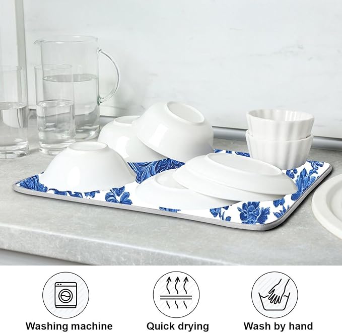 Blue White Porcelain Floral Dish Drying Mat for Kitchen Countertop 16x18 Rectangle Small Drying Mat Reusable Quick Dry Dish Sink Absorbent Mats Dishwasher Easy Clean Decorative Home Decor Essentials