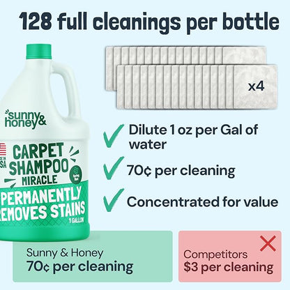 Sunny & Honey Carpet Cleaner Solution - Carpet Shampoo & Pet Stain Remover for Upholstery & Rugs - Works With Steam Cleaners (128 fl oz, Spring Mint Scent)