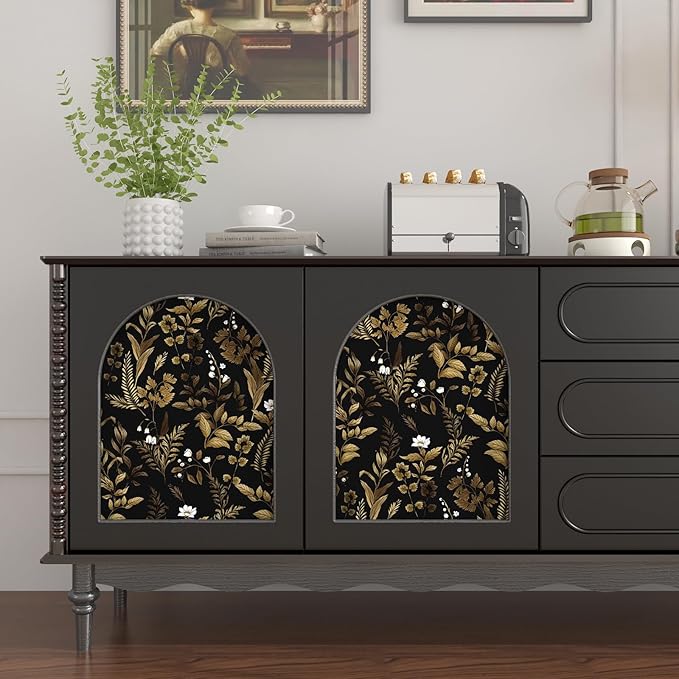 Extra Long Dark Floral Peel and Stick Wallpaper, Vintage Black Gold Leaf Wallpaper, Removable Contact Paper Self Adhesive for Bedroom Bathroom Cabinet Black Gold White 17.5In x 393In