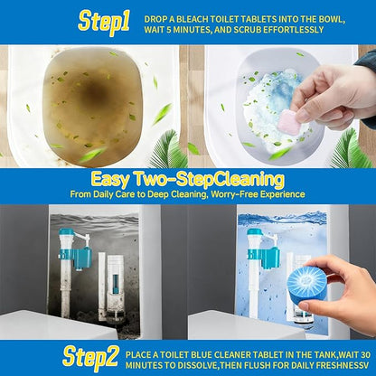 2-in-1 Toilet Cleaning Tablets (24 Pack) - 8 Effervescent Toilet Bowl Stain Remover and 16 Blue Toilet Tank Cleaner Tablets - Limescale Removal for Septic System