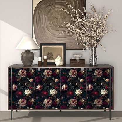 Fvlow Dark Black Floral Peel and Stick Wallpaper 17.4" x 394" Vintage Romantic Contact Paper Waterproof Self Adhesive Gothic Witchy Covering for Bedroom Cabinet Bathroom Abstract Art Home Decor Maroon