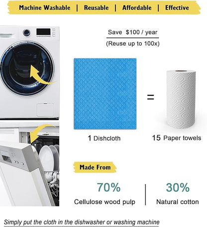 Swedish Dishcloths, Reusable Soft Kitchen Towels, Absorbent Sponge Cleaning Cloths, Washable Quick Drying, 6 Pack, Assorted