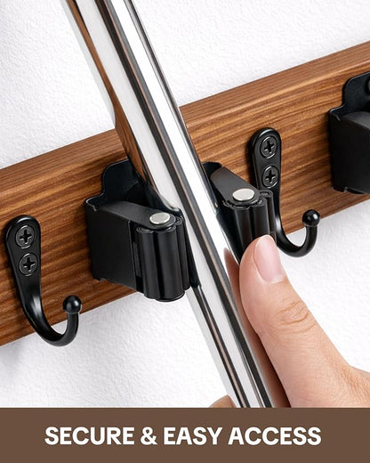 Lorbro 2 Pack Broom Holder Wall Mount, Wooden Broom and Mop Organizer Wall Hanging, Mop Hanger Rack with 4 Slots & 4 Hooks, Tool Organizer for Laundry Room, Closet, Garage, Kitchen