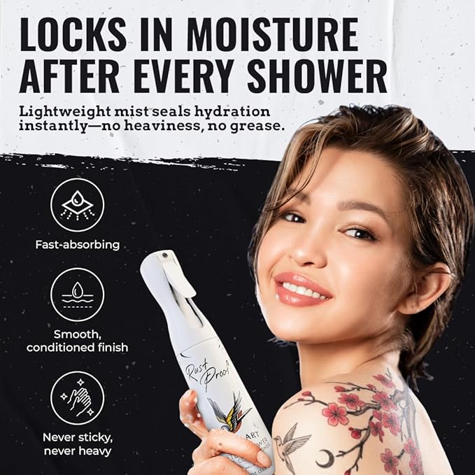 Rust Proof After-Shower Skin Conditioner 12 fl oz – Spray Lotion That Locks in Moisture with 14 Essential Oils – Lightweight Tattoo Aftercare Spray to Hydrate, Nourish & Help Maintain Vibrant Tattoos