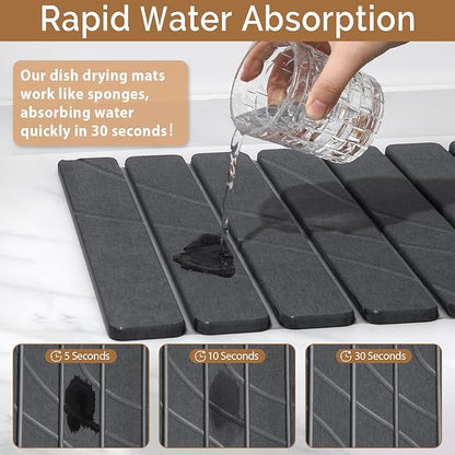 Large Stone Dish Drying Mat for Kitchen Counter,2 PCS Quick Dry Stone Mats,Foldable Water Absorbing Diatomaceous Drying Pad for Countertop Bottles Utensils Cups (Flow Line Dark Gray 24"x16" & 8"x4")