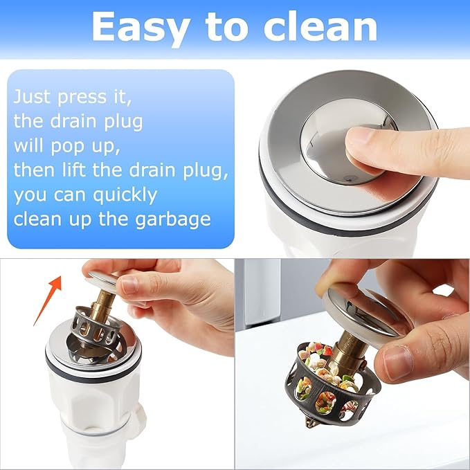 Bathroom Sink Drain Kit, Flexible P-Trap Sink Drain Pipe with Pop Up Stopper, Bathroom Sink Pipe Replacement Kit for 1-1/4'' & 1-1/2'' Holes, Anti-Clogging Stopper (White)