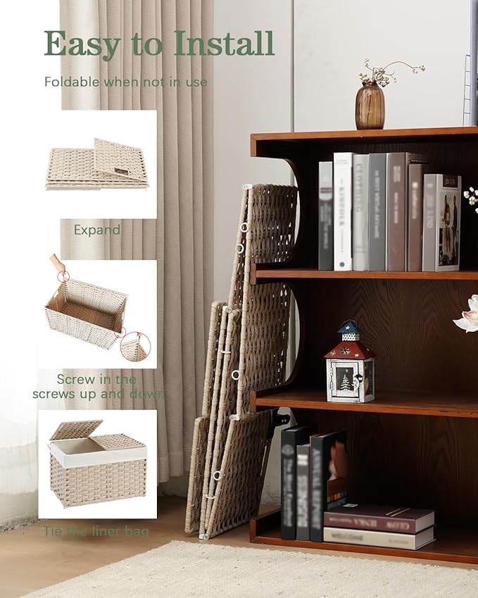 Storage Basket with Lid Rattan Woven Storage Baskets with 2 Separate Lids, 17.2 Gallon (65 L) Wicker Storage Bins Foldable 2 Removable Liner Bags Handles for Bedroom, Laundry Room Light Khaki