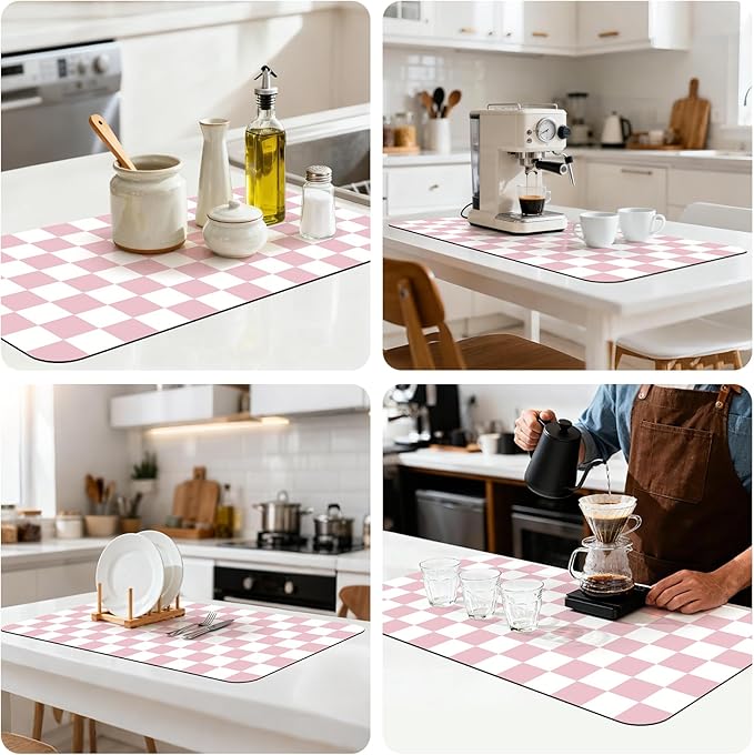 17" x 32" Checkered Dish Drying Mat for Kitchen Counter, Absorbent Coffee Bar Mat for Espresso Machine Coffee Countertops Accessories (Pink)