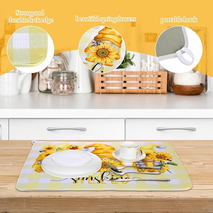 SiliFine 2 Pcs Sunflower Dish Drying Mat for Kitchen, Summer Absorbent Microfiber Dish Mat Counter Sunflower Gnome 18 x 24 Inch Dish Draining Mat Dish Drying Pad Reusable Washable Mat