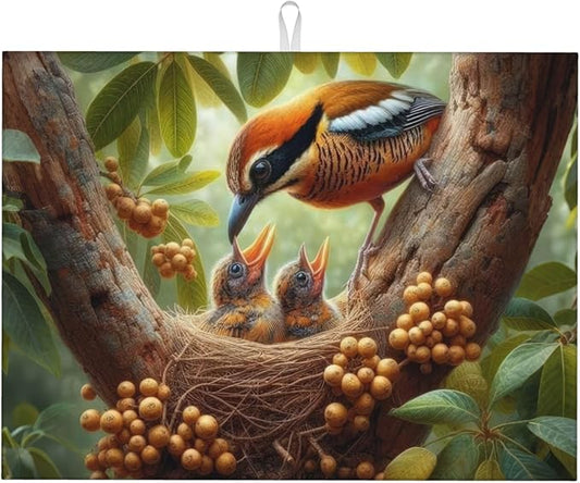 Bird Maternal Love Dish Drying Mats for Kitchen Counter, Absorbent Reversible Microfiber Dish Drying Pad, Multi-Use Large Drying Mat Coffee Bar Accessories 18"x24"