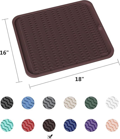 ZLR Large Silicone Dish Drying Mat (16" x 18") - XL Heavy Duty Drainboard Mat for Pots, Pans & Family Loads - Heat Resistant Trivet & Counter Protector, Easy Clean (Coffee)