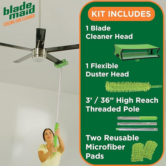 Blade Maid Ceiling Fan Blade Cleaner & Duster | Extendable Pole for High Ceilings, Moldings, Blinds, Walls & Cars, Corner Cleaning Tool, with Reusable Microfiber Pads | Size 3 feet (Pack of 1)
