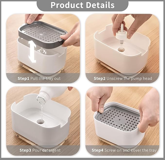 Dish Soap Dispenser and Sponge Support, Sink Soap Pump Dispenser, Liquid Soap Dispenser, Kitchen Detergent Press Box, Suitable for Kitchens, Bathrooms and Sinks (White)