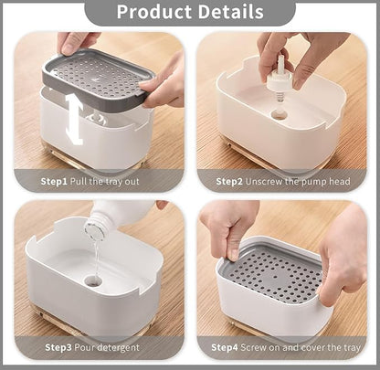 Dish Soap Dispenser and Sponge Support, Sink Soap Pump Dispenser, Liquid Soap Dispenser, Kitchen Detergent Press Box, Suitable for Kitchens, Bathrooms and Sinks (White)