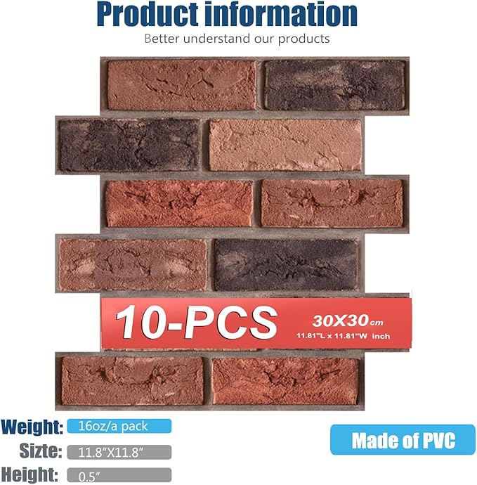 3D Wall Panels Peel and Stick,Faux Brick,Waterproof Self Adhesive Decorative Wall Panelsfor Interior Wall Decor,Living Room,TV Background,Study Room,Fireplace,Bedroom 10 Pcs 30x30cm