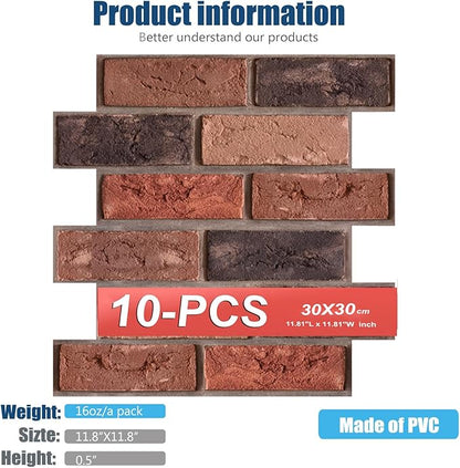 3D Wall Panels Peel and Stick,Faux Brick,Waterproof Self Adhesive Decorative Wall Panelsfor Interior Wall Decor,Living Room,TV Background,Study Room,Fireplace,Bedroom 10 Pcs 30x30cm