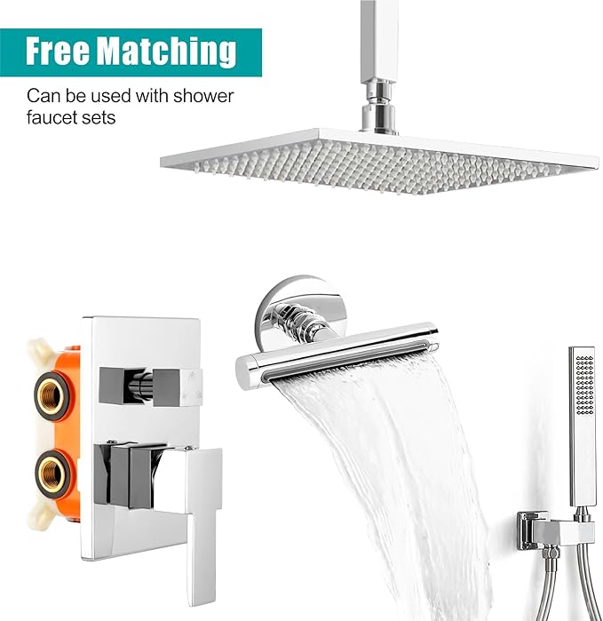 SKOWLL Waterfall Shower Adjustable, Wall Mount Modern Rainfall Waterfall Shower Head Set, Polished Chrome Waterfall Showerhead Jet, High Pressure Shower Body Spray Jets