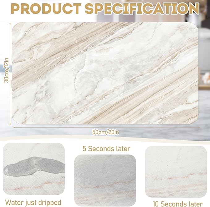 LemonRoad Dish Drying Mat for Kitchen Counter, 12"x20" Absorbent Coffee Bar Mat with Marble Texture Design, Fast-dry Diatomite Drainer Drying Mats with Non-slip Backing for Kitchen Sink Countertop