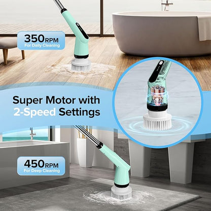 Electric Spin Scrubber, Dreazu IPX7 Bathroom Scrubber with 7 Replaceable Brush Heads & Retractable Handle, 2-Speed Adjustable Spin Scrubber for Bathroom, Bathtub, Kitchen, Tile Floors（Green）