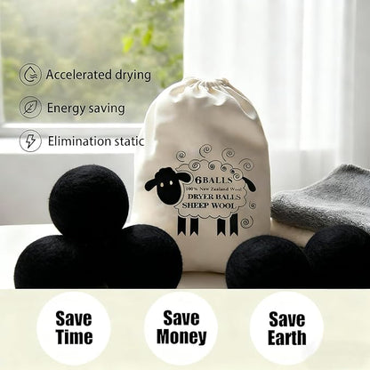 6 Pack Wool Dryer Balls Laundry Reusable Anti Static, Cotton Balls Wool Laundry Balls for Dryer Reduces Clothing Wrinkles Natural Fabric Softener Last 1000+ Loads (Black, 2.75 in/7 cm)