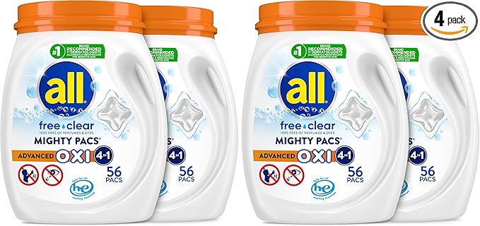 all Free Clear,Advanced OXI,Mighty PACS,Laundry Detergent Pacs,Stainfighting,Unscented and Hypoallergenic for Sensitive Skin,56 Count (Pack of 4)
