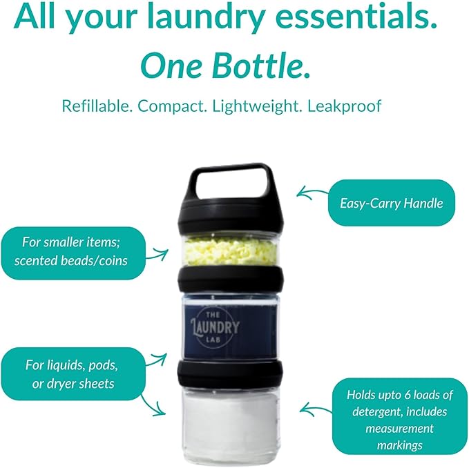 Bottle: Laundry Detergent Bottle – Refillable, Leakproof, Portable, Compact for Apartments, Dorms & Laundromats | College Laundry Essentials | Small-Space Organizer (Black)
