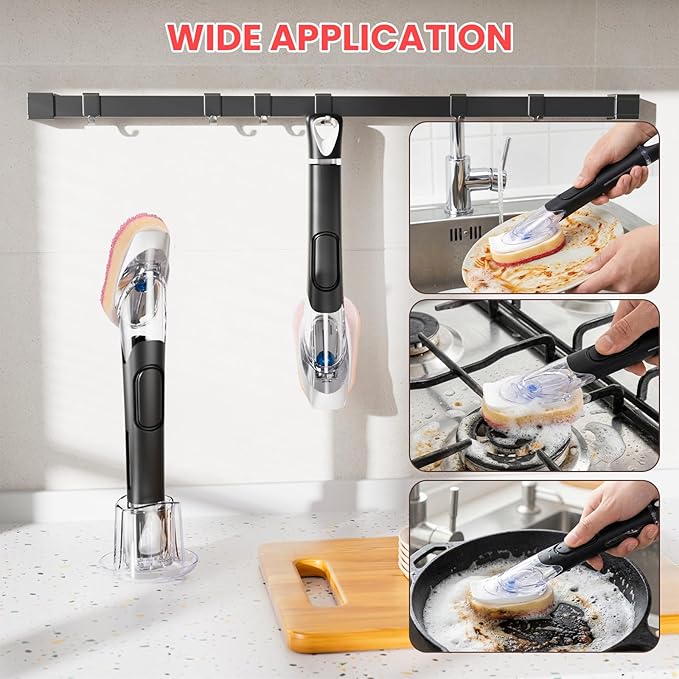 Soap Dispensing Replacement Dish Brush Storage Set with 10 PCS Sponge Refills & Holder - RIMAY Dispenser Scrub Cleaning Scrubber Kitchen Dishwashing Dish Wand Handle for Dishes/Pans/Pots/Sink(Pink)