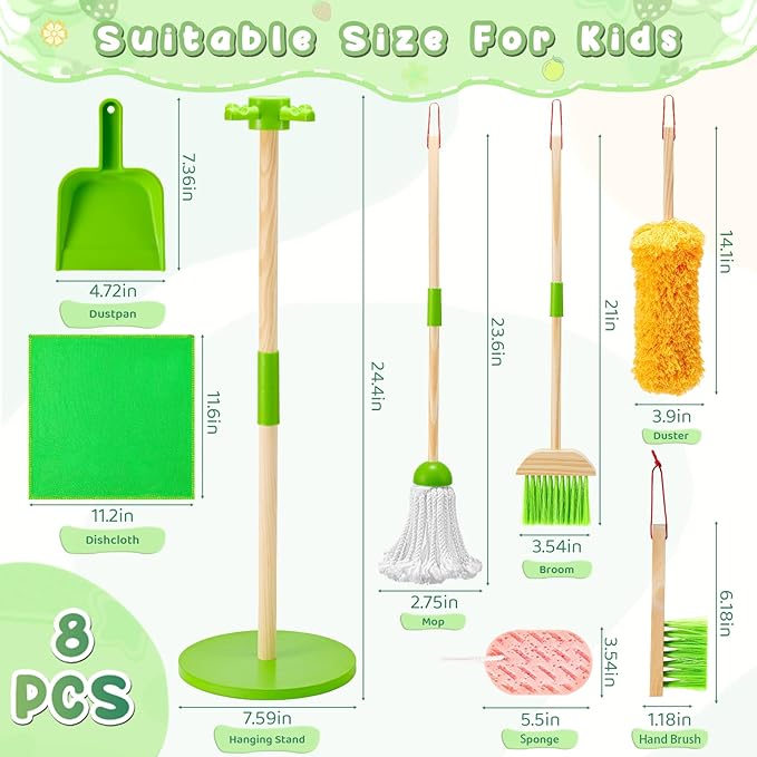 WHOHOLL Wooden Kids Cleaning Set Toddler Broom Set for Housekeeping 8 Pcs Broom and Mop Set for Toddlers 3-6, Cleaning Toys with Dustpan Sponge, Christmas Birthday Gifts for Boys Girls (Green)
