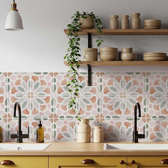 16 Pack,Self Adhesive Moroccan Tile Stickers Vinyl Wall Decals Green Peel and Stick Waterproof 5.9x5.9inch for Home Kitchen Living Room Bedroom Decor