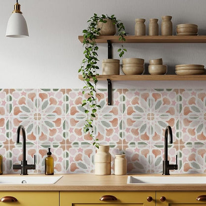 16 Pack,Self Adhesive Moroccan Tile Stickers Vinyl Wall Decals Green Peel and Stick Waterproof 5.9x5.9inch for Home Kitchen Living Room Bedroom Decor