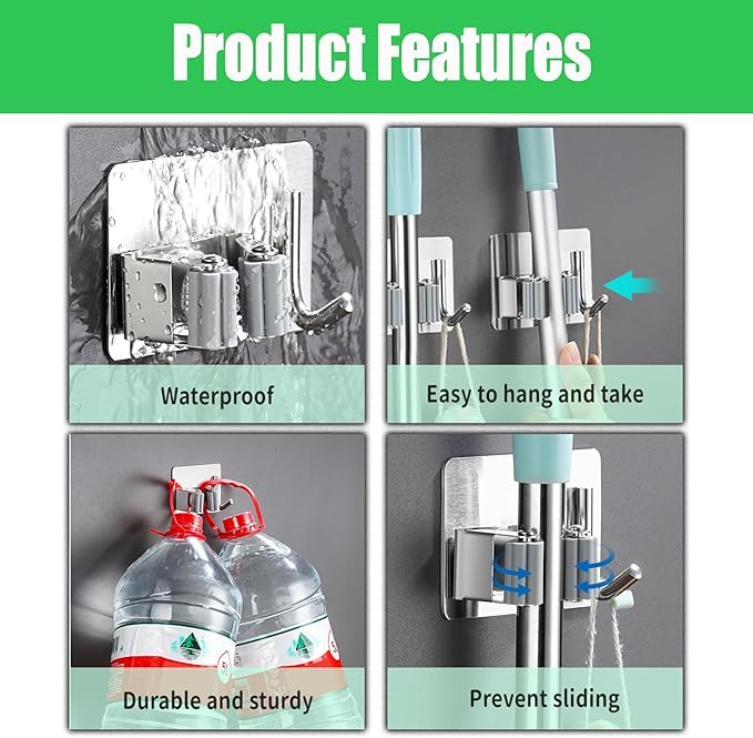 Broom Holder Wall Mount Hanger Holder Wall Mount,2 Pack Mop and Broom Hooks Stainless Steel Self Adhesive