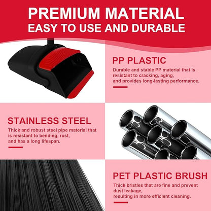 Broom with Dustpan Combo Set and Silicone Air Broom Kit, 51" Long Handle Floor Squeegee, Red Household Kit for Glass Window Rugs Pet Hair Home