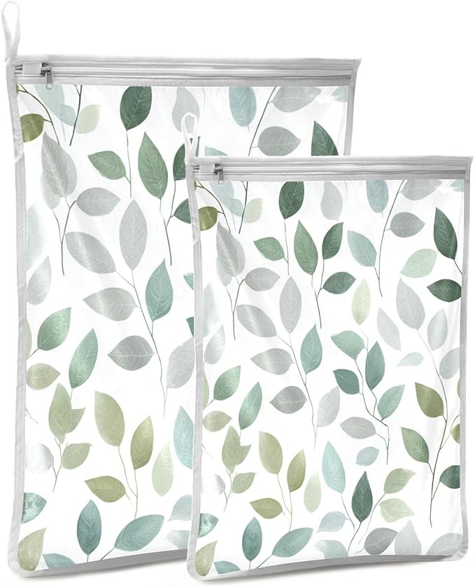 Mesh Laundry Bags Lingerie Bags for Washing Delicates 2 PCS Durable Wash Bag with Zipper Small and Medium Washable Fresh Green and Grey Leaves