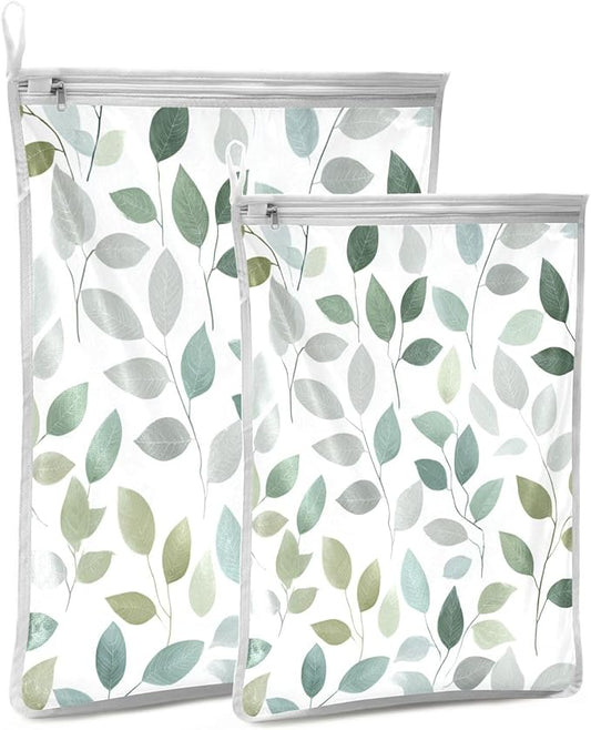 Mesh Laundry Bags Lingerie Bags for Washing Delicates 2 PCS Durable Wash Bag with Zipper Small and Medium Washable Fresh Green and Grey Leaves