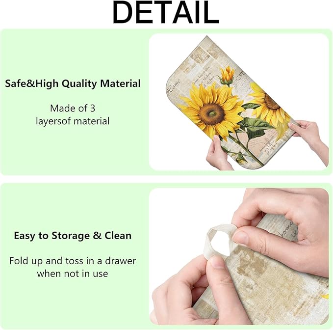 Dish Drying Mat Drainer Pads - Extra Large Microfiber Drying Mats for Dishes Kitchen Counter Super Absorbent Pads for Draining Racks (Sunflower,18"x24" )