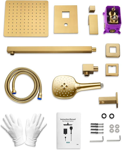 Double Handle High Pressure 3 Spray Shower Faucet Set with Valve 10 Inch Wall Mount Brushed Gold